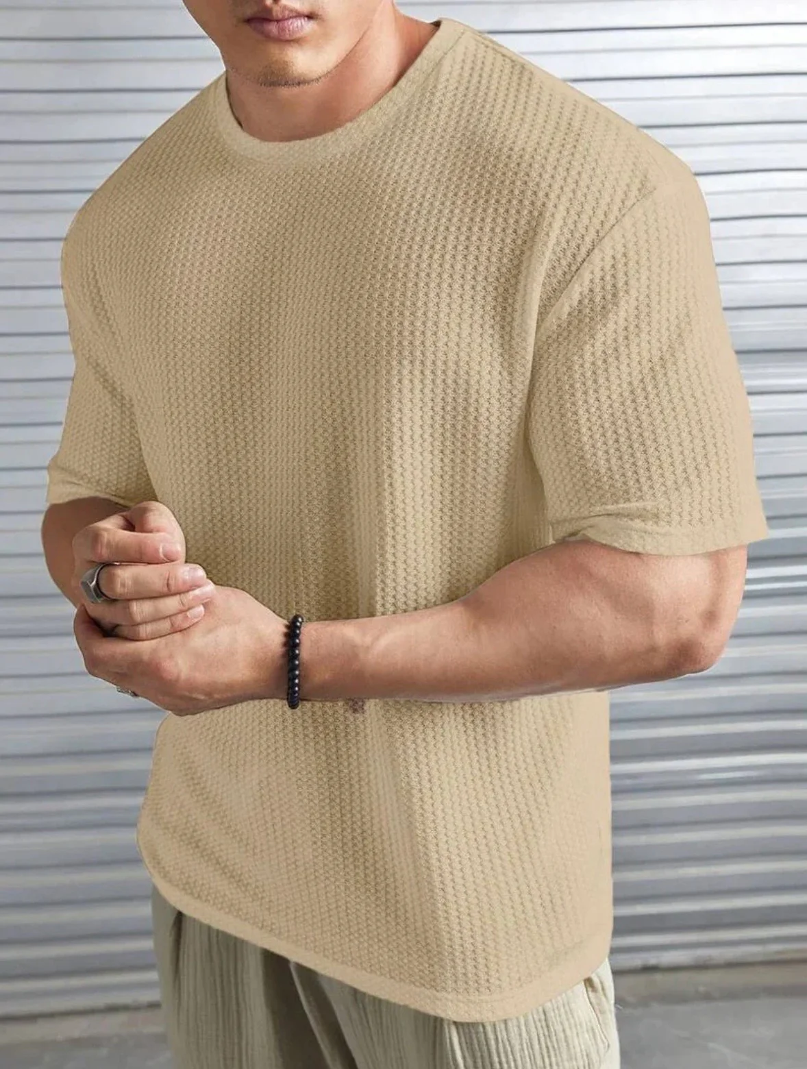 BEIGE– Waffle Knit Tees For Mens And Boys