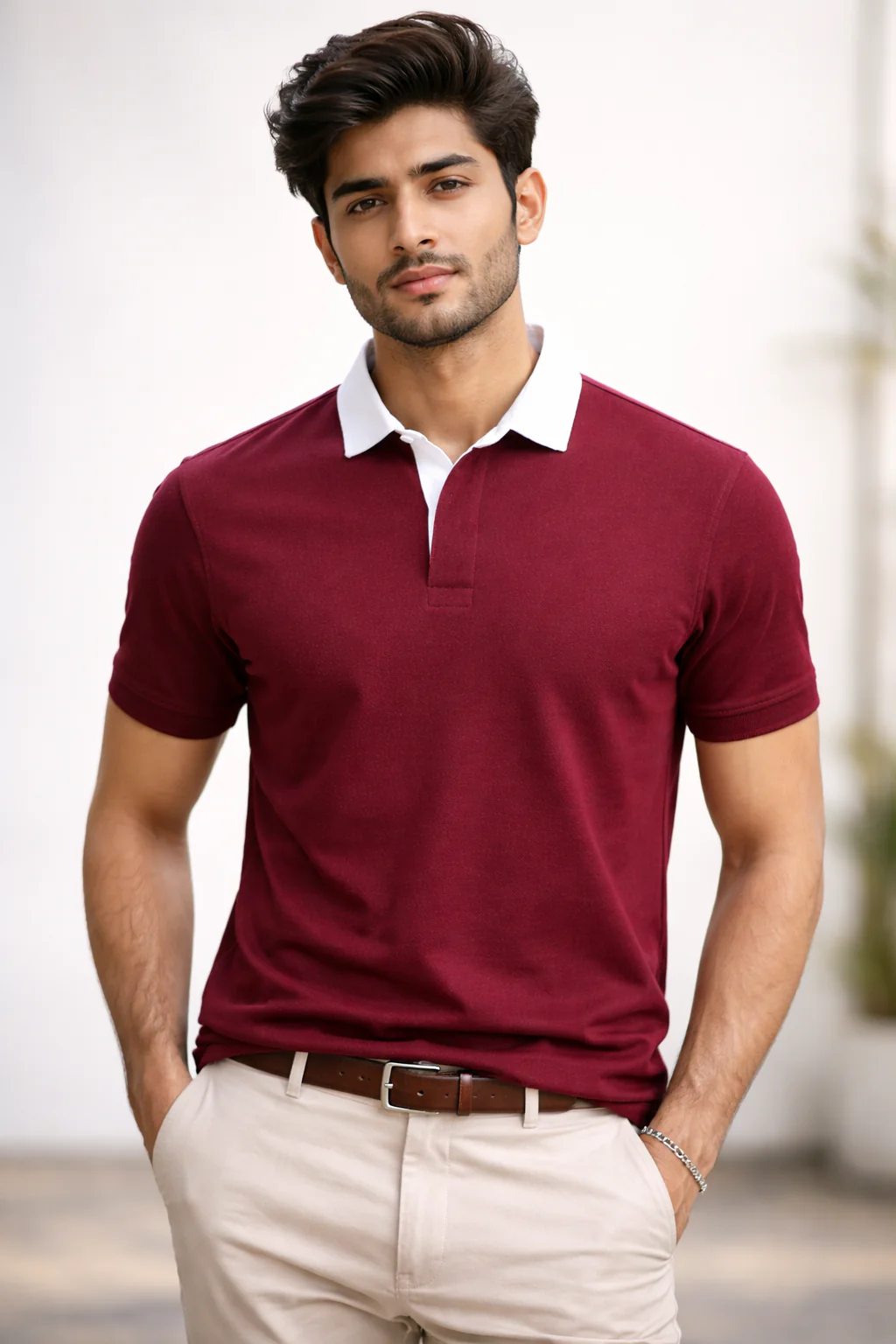 Maroon - Two Tone Johnny Collar Polo - Image 2