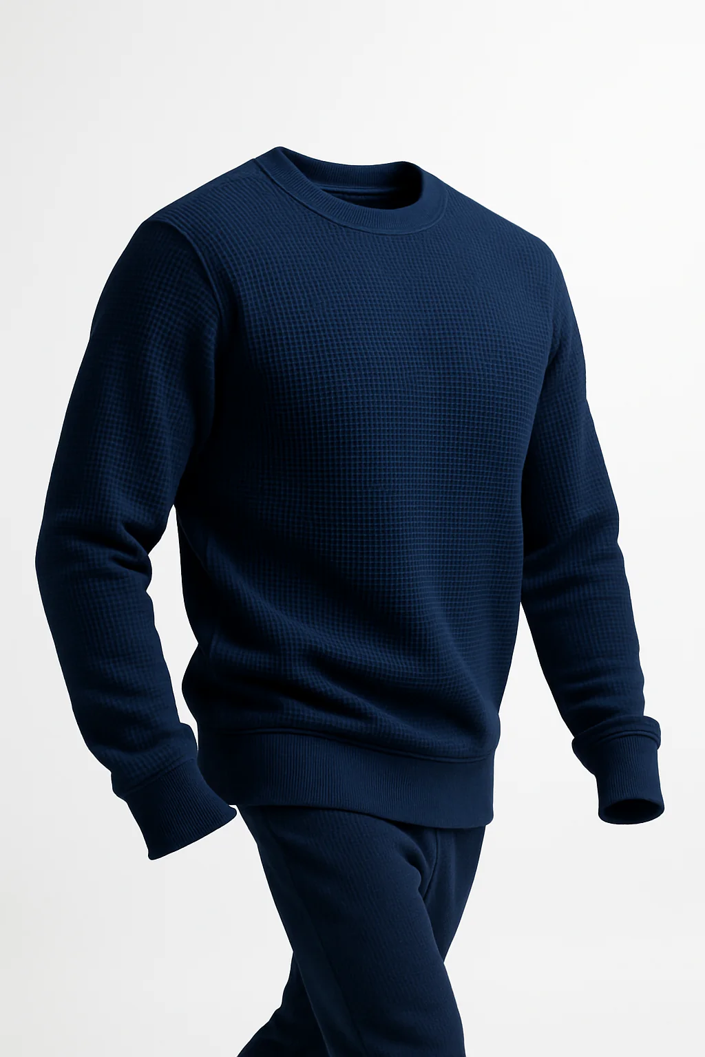 Navy Blue Waffle-Knitted Sweatshirt - Image 2
