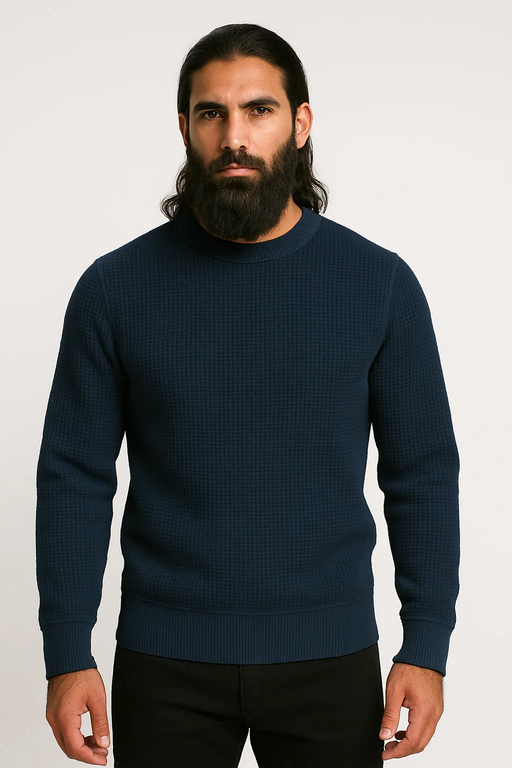 Navy Blue Waffle-Knitted Sweatshirt