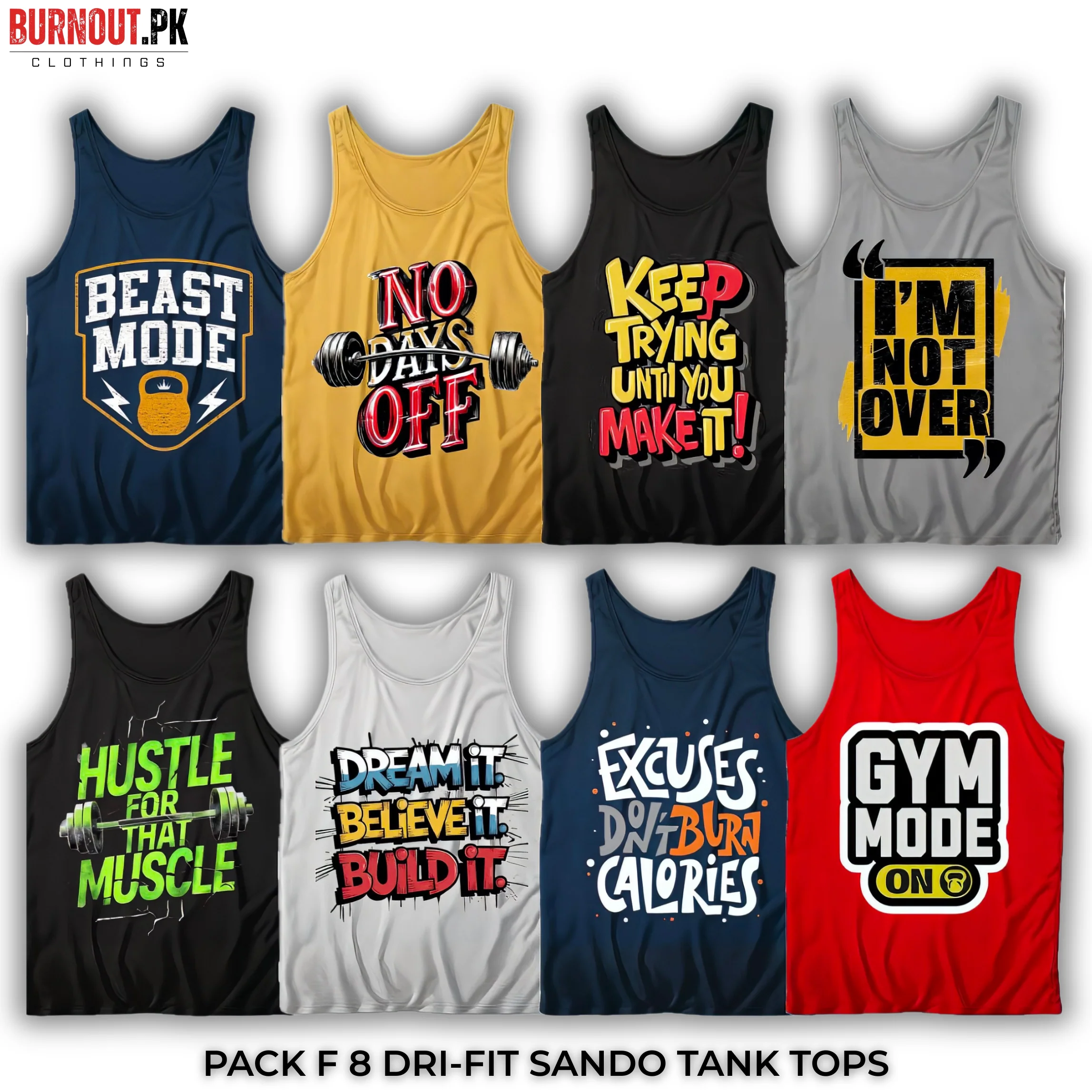 Pack of 8 Printed Gym Sando Tanks