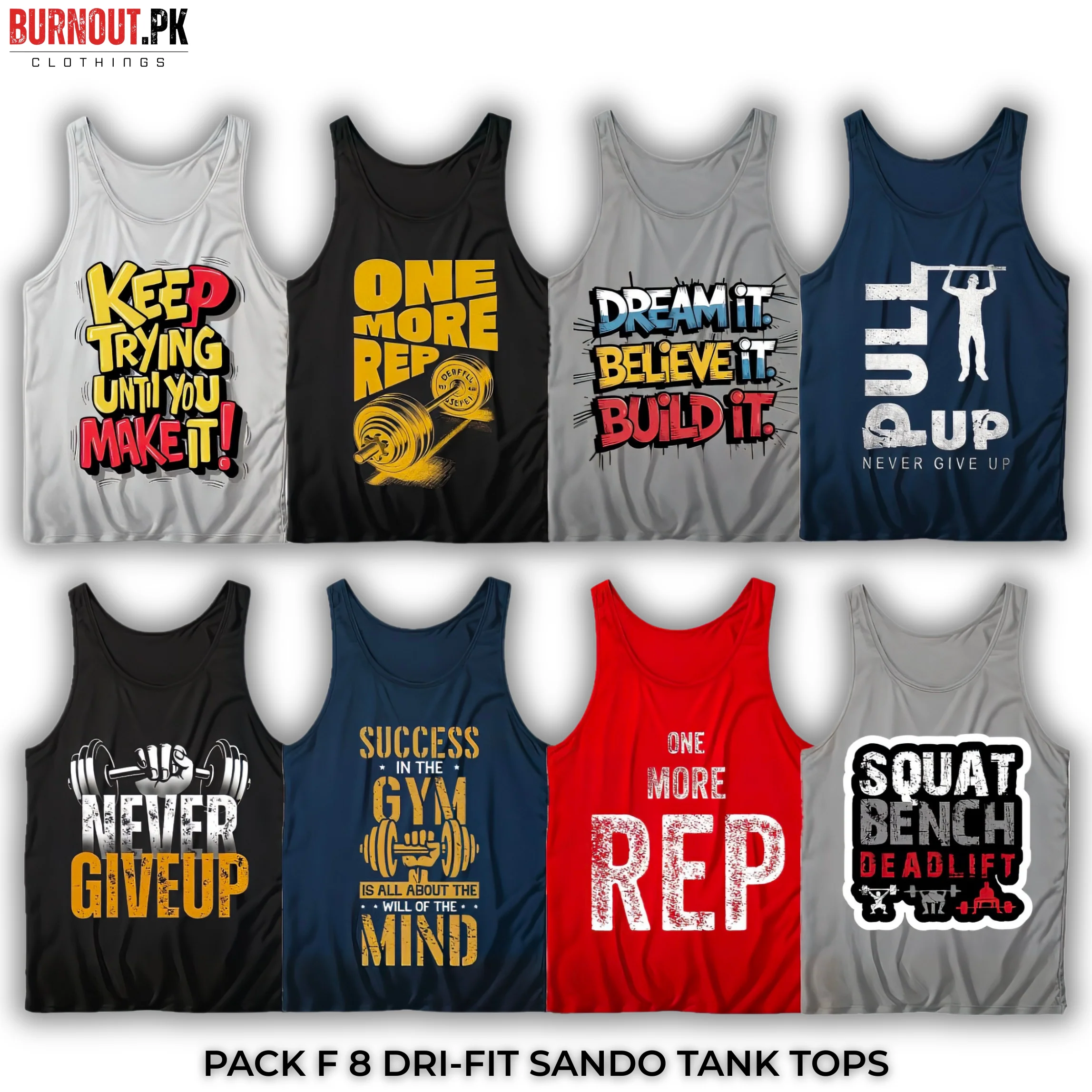 Pack of 8 Printed Gym Sando Tanks