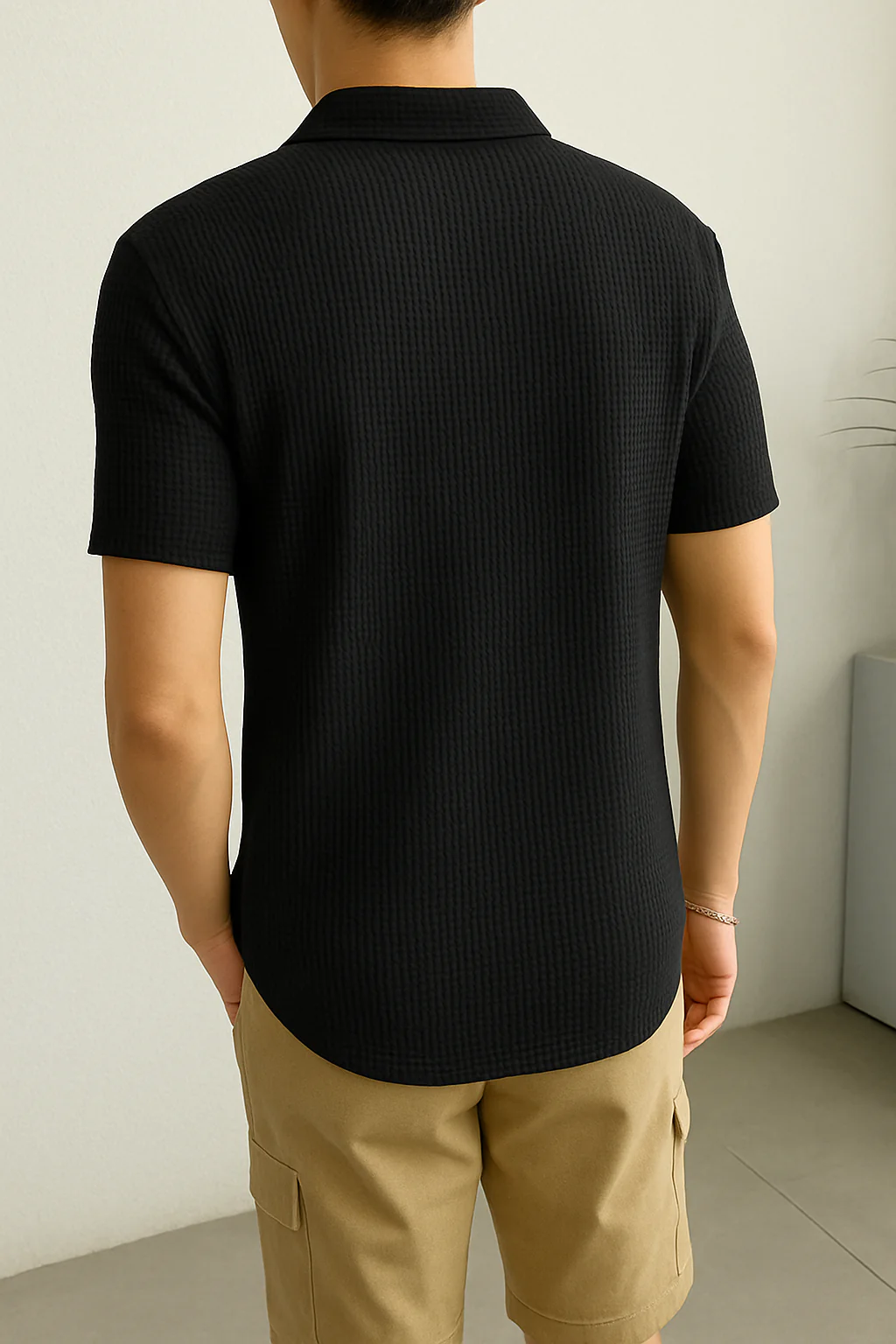 Waffle Knit Zipper Polo T-Shirt - Black - Image 2