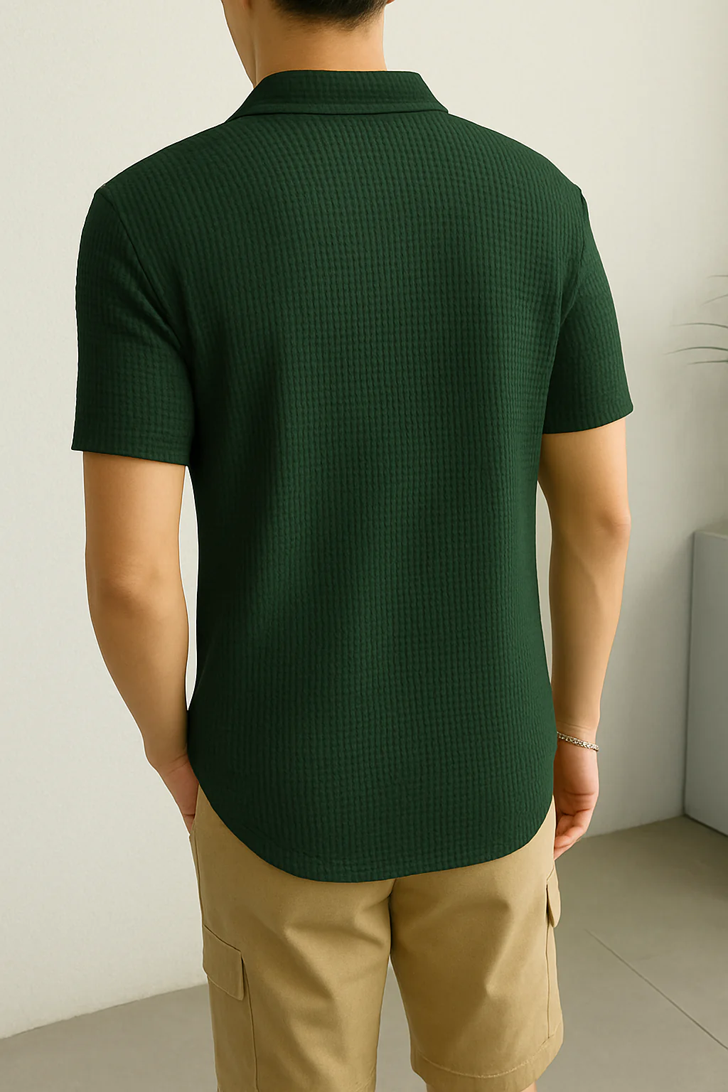 Waffle Knit Zipper Polo T-Shirt - Green - Image 2